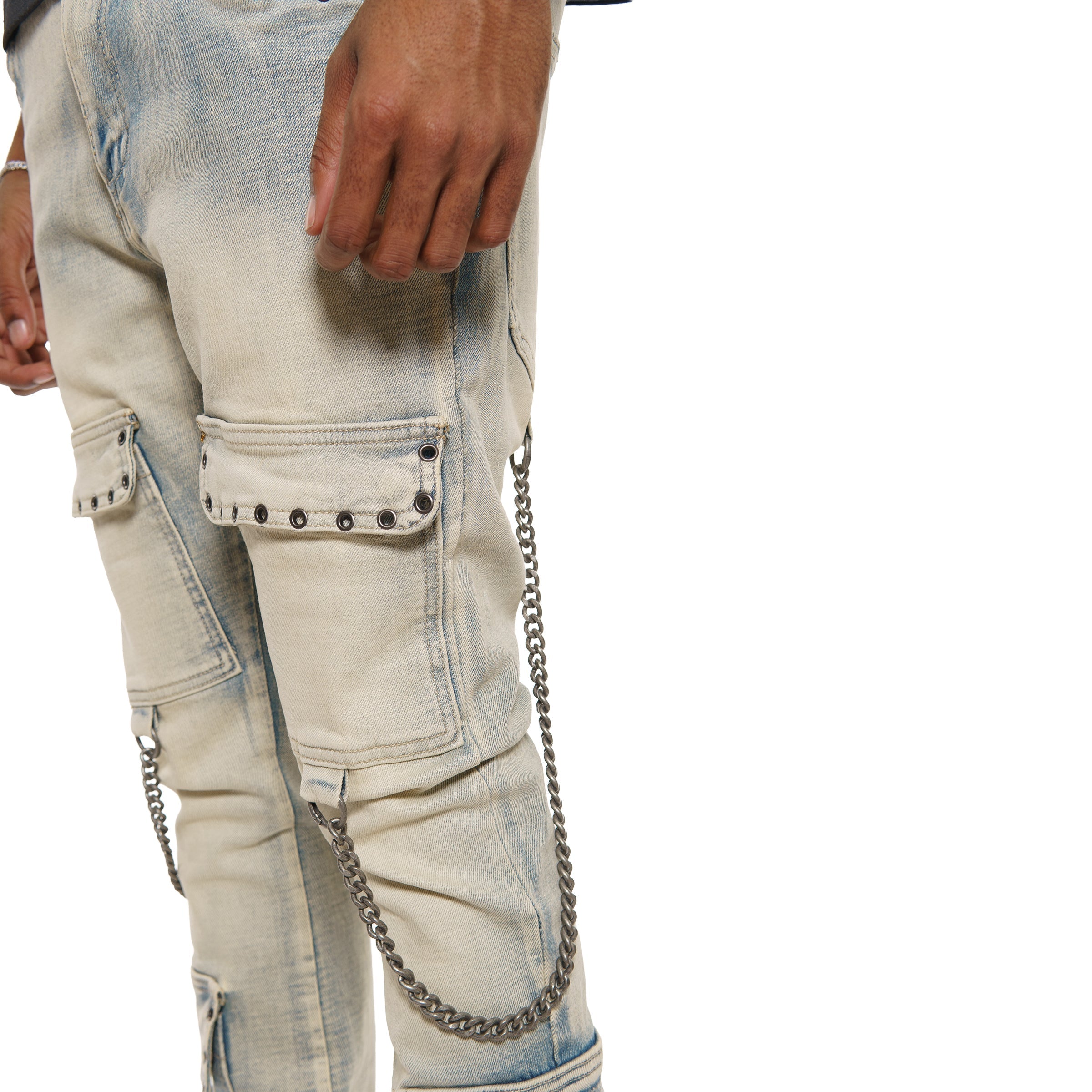 Flare fit denim pant w/ stone details + chains