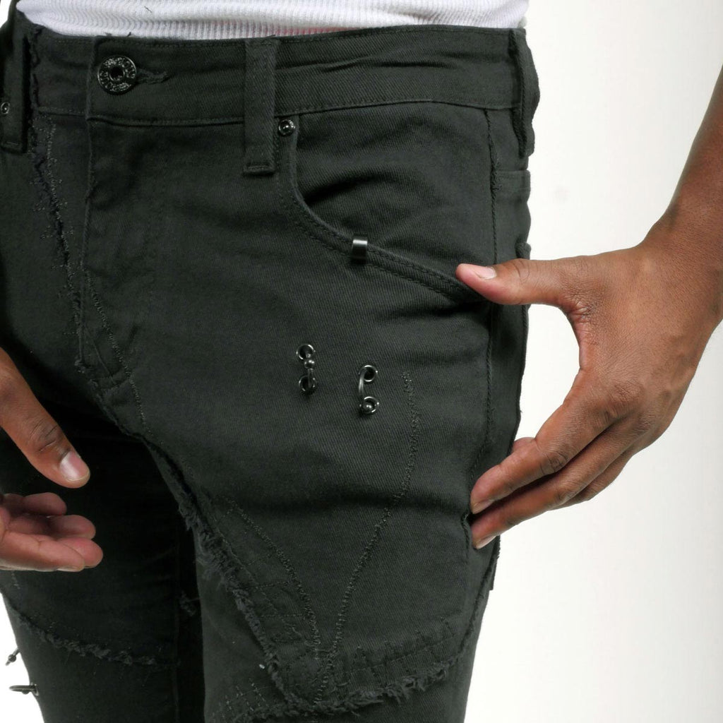 Rip & repair flare denim pant w/ metal ring details