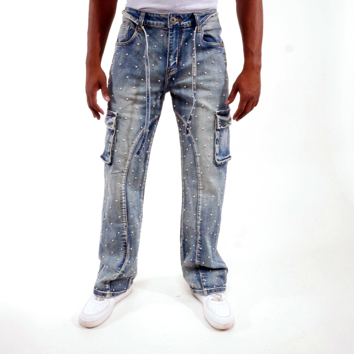 Pearl medium studded relaxed straight denim pant