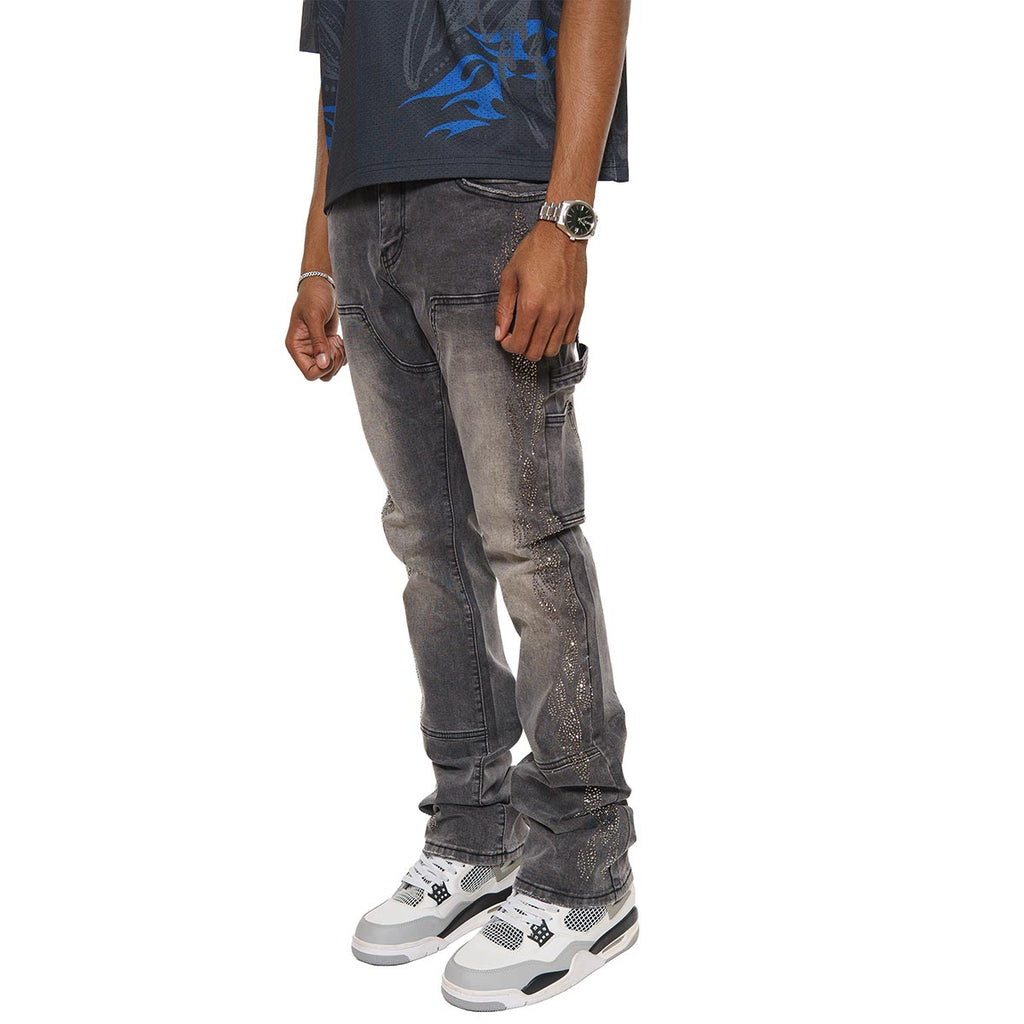 Carpenter flare denim pant w/ rhinestone details