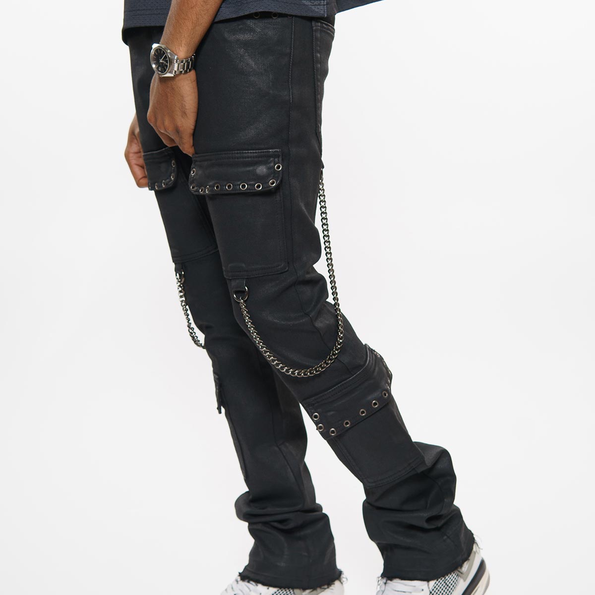 Wax coated cargo flare denim pant with side chains