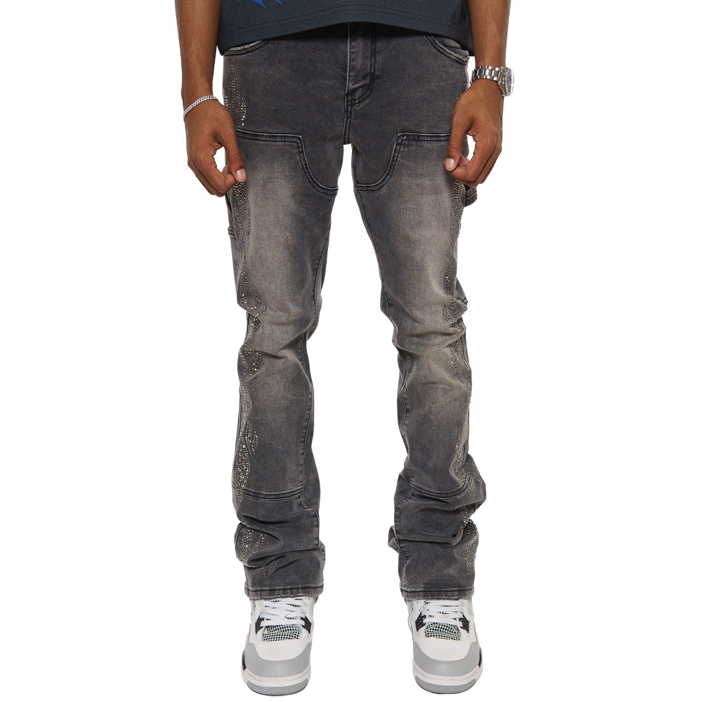 Carpenter flare denim pant w/ rhinestone details