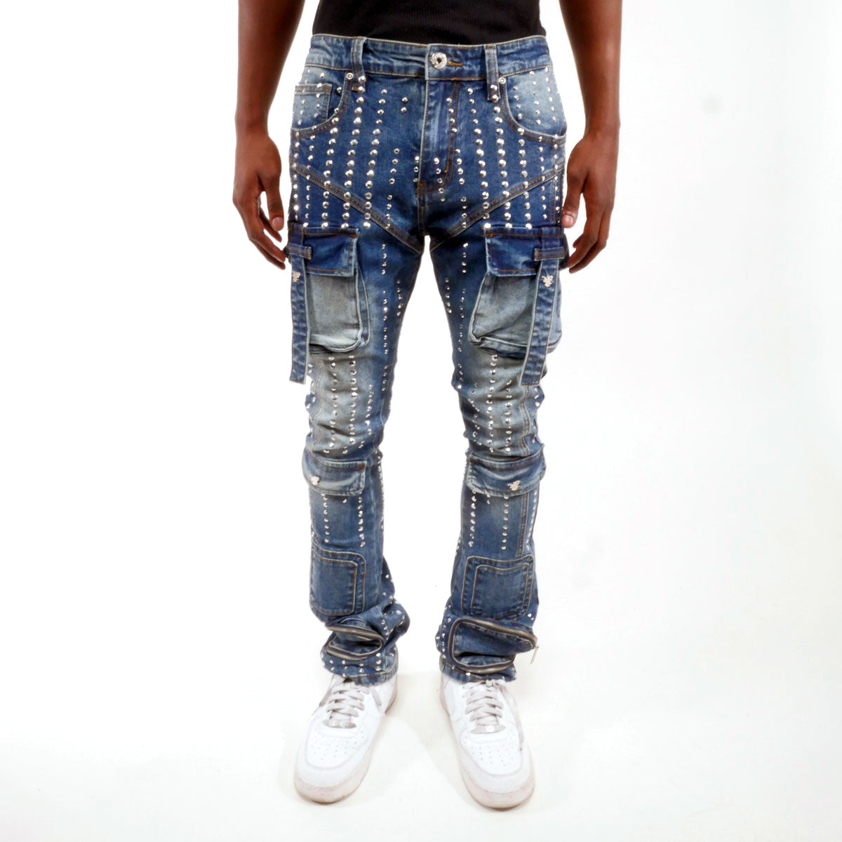 Silver studded muti cargo flare denim pant